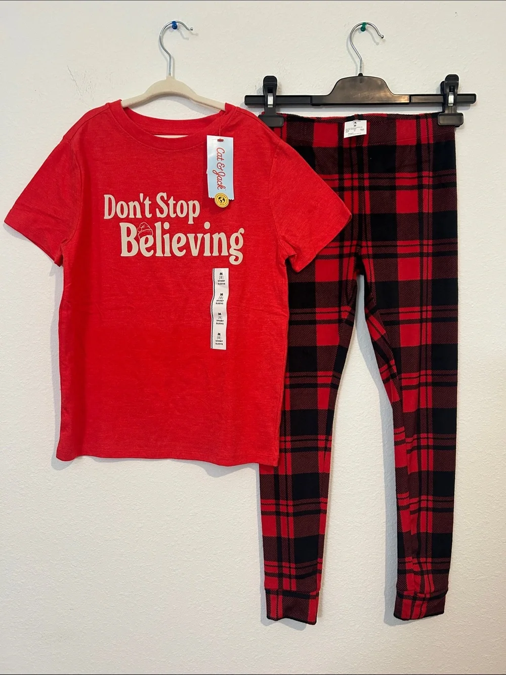 Cat & Jack Red Graphic Tee and Red Black Plaid Leggings Set